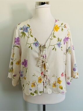 Laura Ashley Butterflies & Floral Linen Scallop 3/4 Sleeve Tie Blouse Small